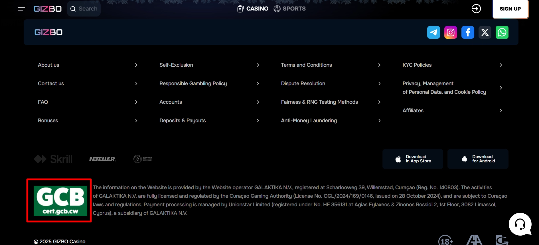 Gizbo casino footer section displaying the official Curacao gaming control board license.