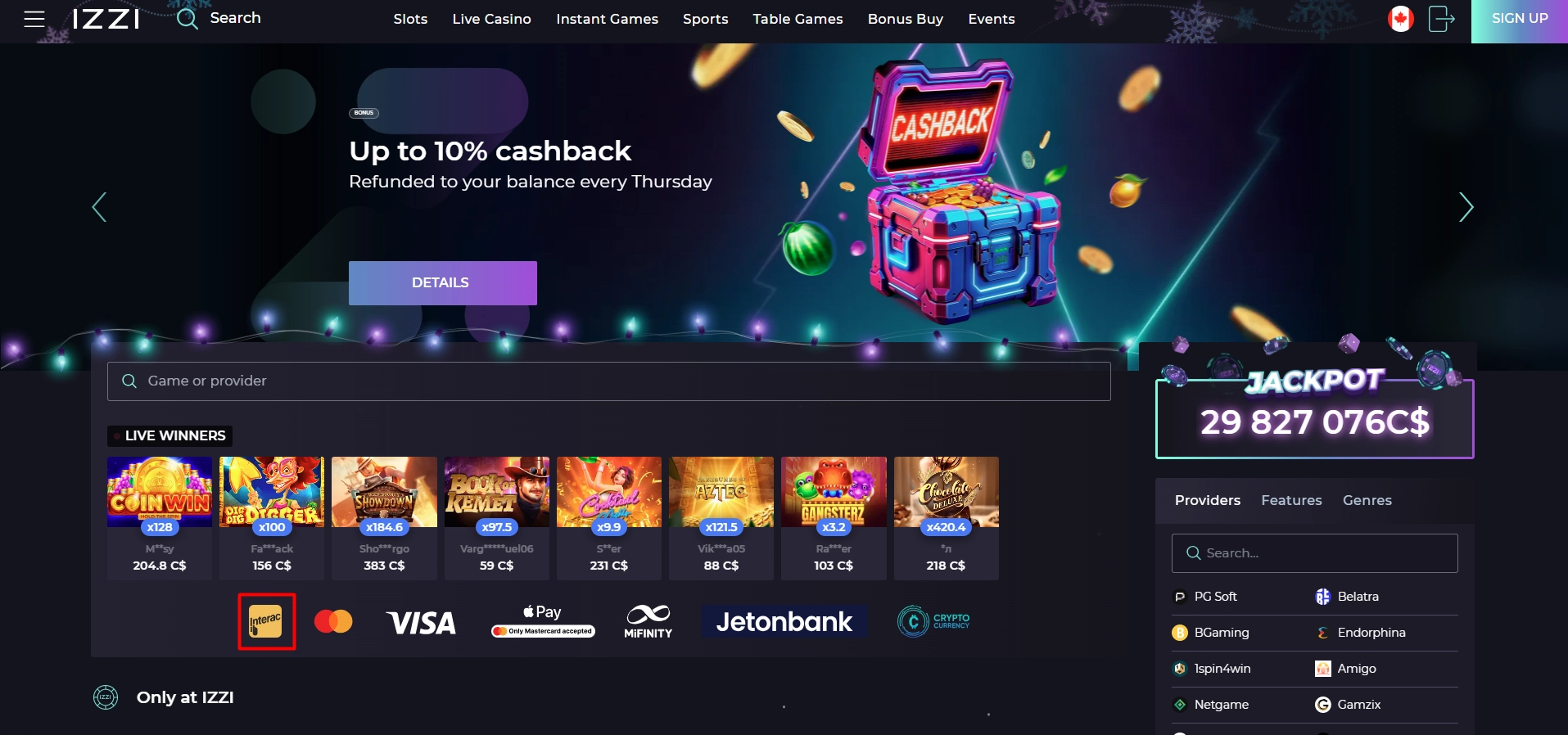 Izzi Casino interface showing Interac acceptance alongside major credit card providers